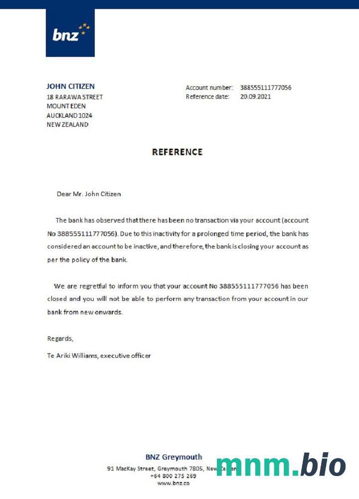 Przykład zamknięcia BNZ w Nowej Zelandii w formatach Word i PDF